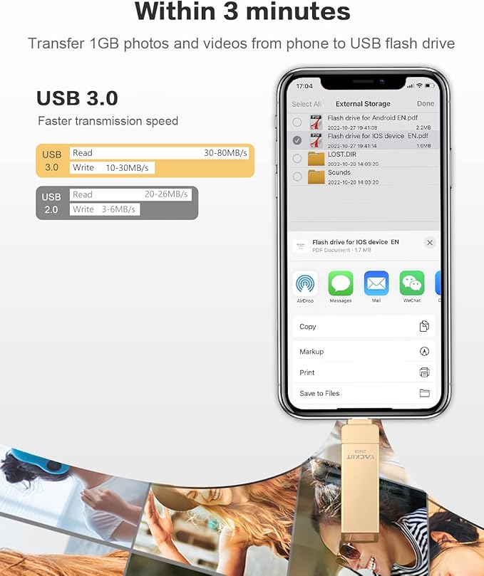 MFi Certified 512GB Flash Drives 3.0 High Speed 3ni1 USB Stick External Storage for iPhone/PC/iPad/Android/More Devices for Photos and Videos Transfer Storage Backup(512-Gold)