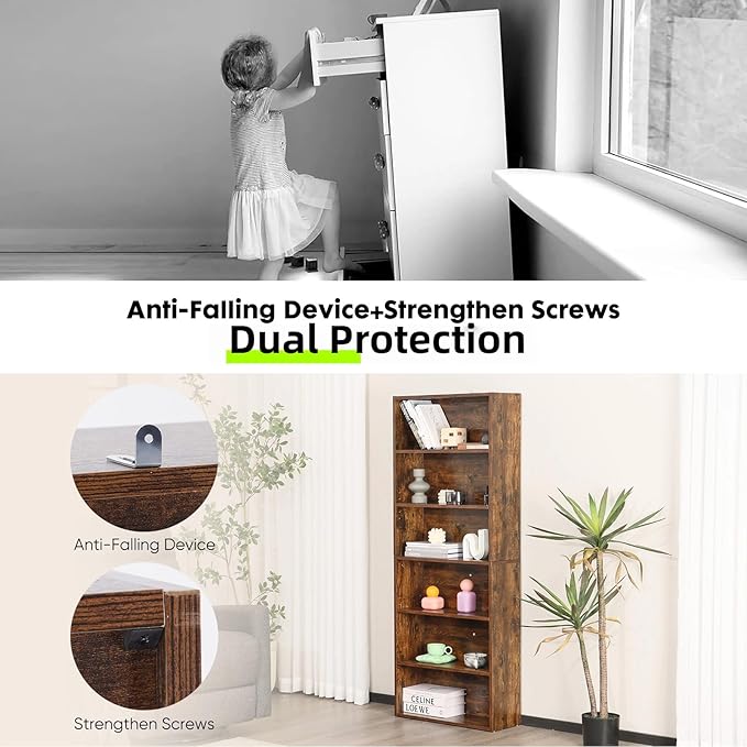 Bookshelf, 6 Tiers Wood Bookcase, 64 Inch Floor Standing Bookshelves, Open Storage Shelves for Books/Kits/Toys/CDs, Vintage Tall Shelf with Freestanding for Home Office Bedroom
