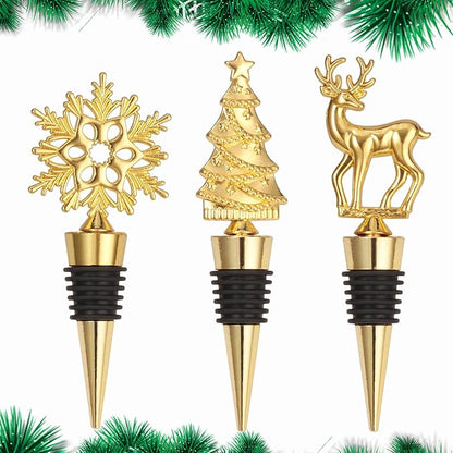 Wine Bottle Stopper,3 Pieces Christmas Snowflake Tree Deer Decorative Wine Bottle Stopper,Metal Reusable Wine Bottle Stoppers for Wine, Champagne and Beer Collection (Christmas Set)