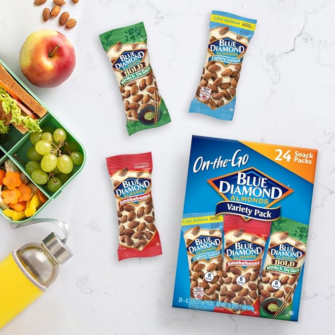 Blue Diamond Almonds Snack Nut Variety Pack for Kids, Office, School, On-the-go, 0.75 oz Gluten Free Individual Packs, Wasabi & Soy Sauce, Lightly Salted, and Smokehouse (Pack of 6,144 Count Total)