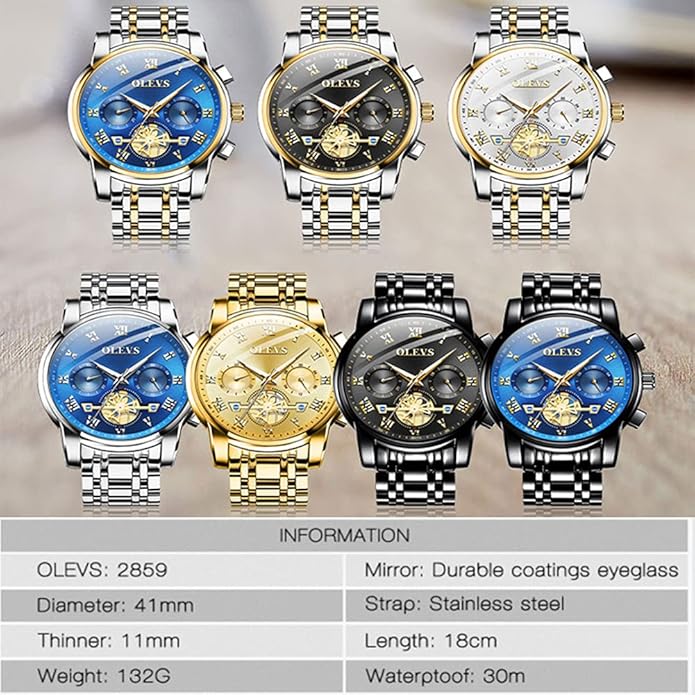 OLEVS Mens Watches Fashion Casual Analog Quartz Watch Waterproof Dress Wrist Watches with Stainless Steel Band Day Window for Men (Band with Gold Blue dial)