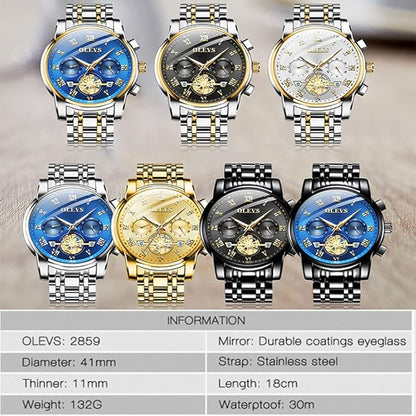 OLEVS Mens Watches Fashion Casual Analog Quartz Watch Waterproof Dress Wrist Watches with Stainless Steel Band Day Window for Men (Band with Gold Blue dial)