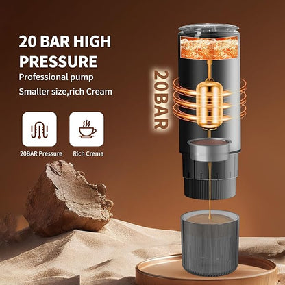 Leozora 20Bar Portable Espresso Maker, 7500mAh USB-C Rechargeable, 3-in-1 for Ground Coffee & Nespresso/DG Capsules, Stainless Steel Travel Coffee Machine for Camping, Car, Office,Black
