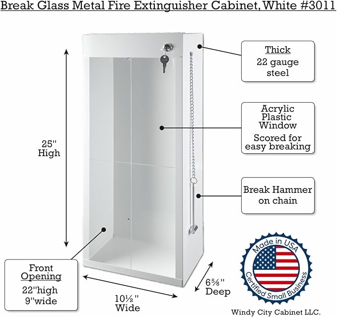 Fire Extinguisher Mount - White Cabinet with Break Glass Window & Breaker Bar - 22 Gauge Steel, Powdercoat Finish, Universal Wall Mountability-5-10lb.Capacity - Made in USA - Extinguisher Not Included
