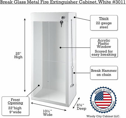 Fire Extinguisher Mount - White Cabinet with Break Glass Window & Breaker Bar - 22 Gauge Steel, Powdercoat Finish, Universal Wall Mountability-5-10lb.Capacity - Made in USA - Extinguisher Not Included