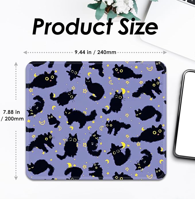 Square Mouse Pad with Stitched Edge, Premium Mousepad Washable Cloth. Computer Mouse Pad with Non-Slip Rubber Base, Mouse Pads for Computers Laptop Mouse 9.25x7.75x0.12 inch-Black Cat