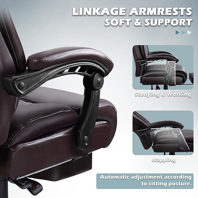 Big and Tall Office Chair with Foot Rest 400lbs, Heavy Duty Executive Leather Office Chair for Heavy People, Comfy High Back Ergonomic Office Desk Chair with Footrest and Lumbar Support, Brown