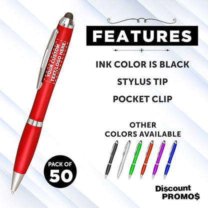 DISCOUNT PROMOS Custom Plastic Stylus Pens Set of 50, Personalized Bulk Pack - Black Ink, Great for Office, School, Business, Tradeshows, Events - Red
