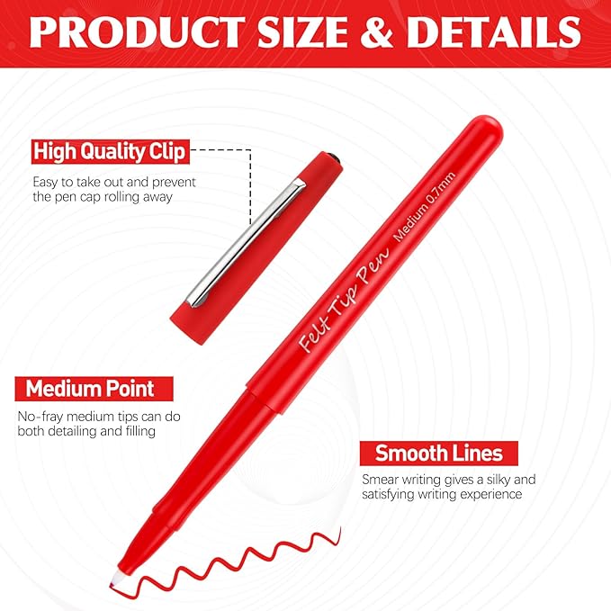 144 Pcs Red Felt Tip Pens 0.7mm Medium Point Pens Bulk, Felt Tip Markers for Journaling, Writing, Note Taking, Planner, Ideal for Office School Art Supplies Gift