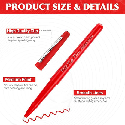 144 Pcs Red Felt Tip Pens 0.7mm Medium Point Pens Bulk, Felt Tip Markers for Journaling, Writing, Note Taking, Planner, Ideal for Office School Art Supplies Gift