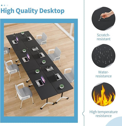 Conference Table Folding Conference Room Tables, Modern Mobile Meeting Training Table with Silent Wheels, Foldable Seminar Table for Offices, Classrooms, Libraries (10, Black, 55.1in)