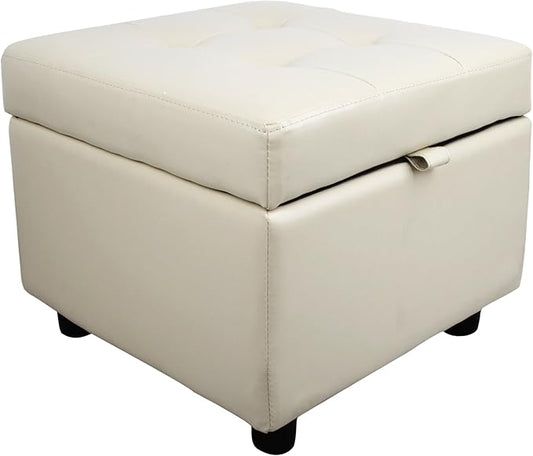 H&B Luxuries Tufted Leather Square Flip Top Storage Ottoman Cube Foot Rest (Cream with Storage)