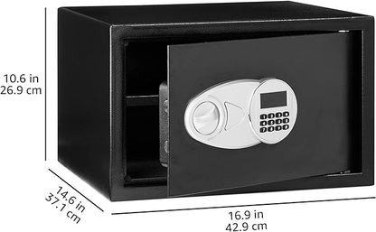 Amazon Basics Steel Security Safe and Lock Box with Electronic Keypad, Easy to Use, Secure Cash, Jewelry, Documents, Black, 1.2 Cubic Feet, 16.9-x-14.6-x-10.6-inches (WxDxH)
