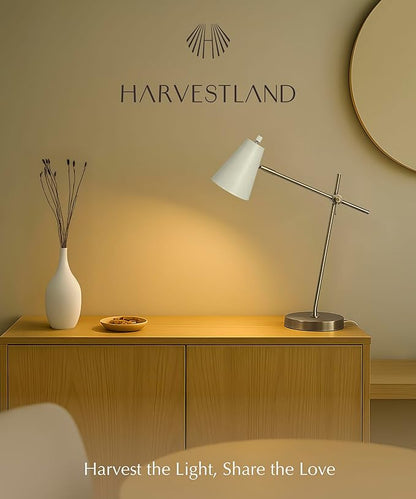 HarvestLand HaloBar Brass Desk Lamp Home Office – White Industrial Table Lamp with Solid Base for Office, Reading Lamps for Bedside Table, Study and Reading Task Lamp, Gifts for Adults