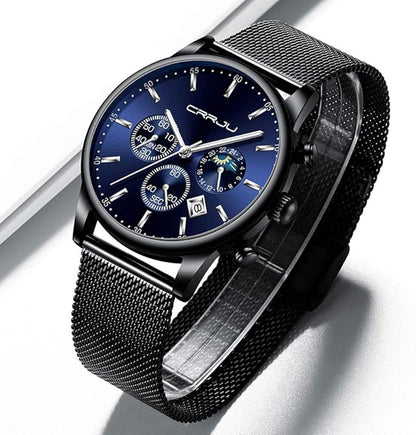 CRRJU Men's Fashion Casual Watches Auto Date Chronograph Watch Men Nice Work Watches Waterproof 30M Full Steel Quartz with Mesh Strap