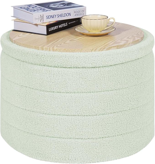 PINPLUS Round Ottoman with Storage, Foldable Sherpa Ottoman Stool with Tray,Boucle Foot Rest for Living Room, Bedroom, Dorm(Green)