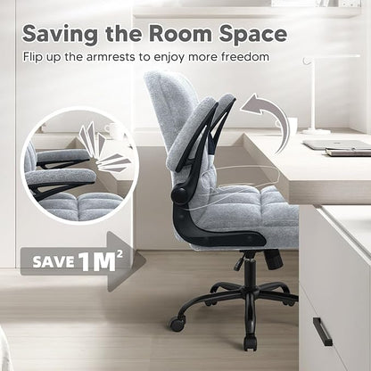 Office Chair with Wheels, Ergonomic Rolling Desk Chair with Flip-up Armrest, Adjustable Home Office Computer Chair Teddy Fleece – Light Gray