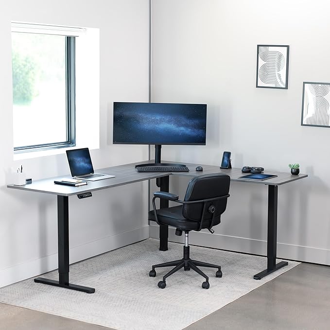 VIVO Electric Corner 75 x 63 inch L-Shaped Standing Desk, Memory Height Adjustment, Dark Gray Top Black Frame, DESK-E3CTG-75
