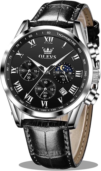 OLEVS Men's Leather Analog Quartz Watch - Luxury Chronograph Wristwatch With Date, Waterproof, Luminous - Dress Style