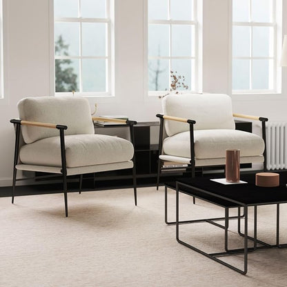 LukeAlon Mid Century Sherpa Accent Chairs Set of 2, Ultra Soft Living Room Chairs with Metal Legs Modern Armchairs Lounge Chairs Upholstered Comfy Leisure Chairs for Bedroom Reception Area, White