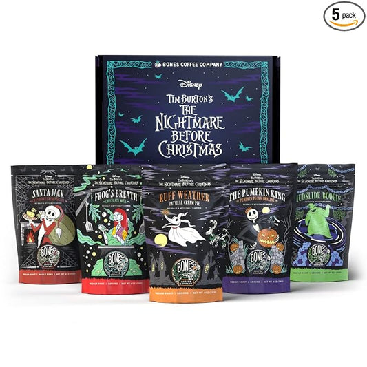Bones Coffee Company The Nightmare Before Christmas Collector's Box 5 Flavored Coffee Low Acid Medium Roast Arabica Beans Specialty Coffee Gifts For Auto Drip and French Press, 4 oz Pack of 5 Ground