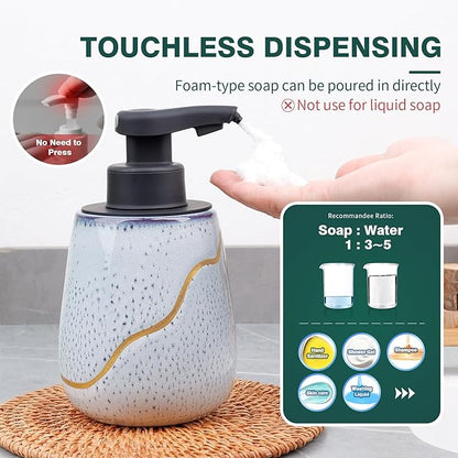 BosilunLife Automatic Foaming Soap Dispenser - Touchless Foam Hand Wash Dispenser for Bathroom Ceramic Smart Electric Auto Dish Soap Dispenser Waterproof, USB C Rechargeable, 17 oz, Speckled Blue