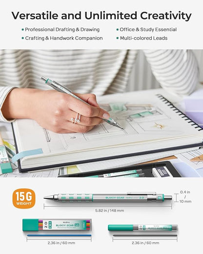 Nicpro Blocky Gear 2mm Metal Mechanical Pencils Set with Case, Drafting Pencil with 6 Tubes 2mm Lead Refill (HB 2B 2H 4B 4H & Colors) Sharpeners, Erasers for Artist Art Writing Drafting Drawing