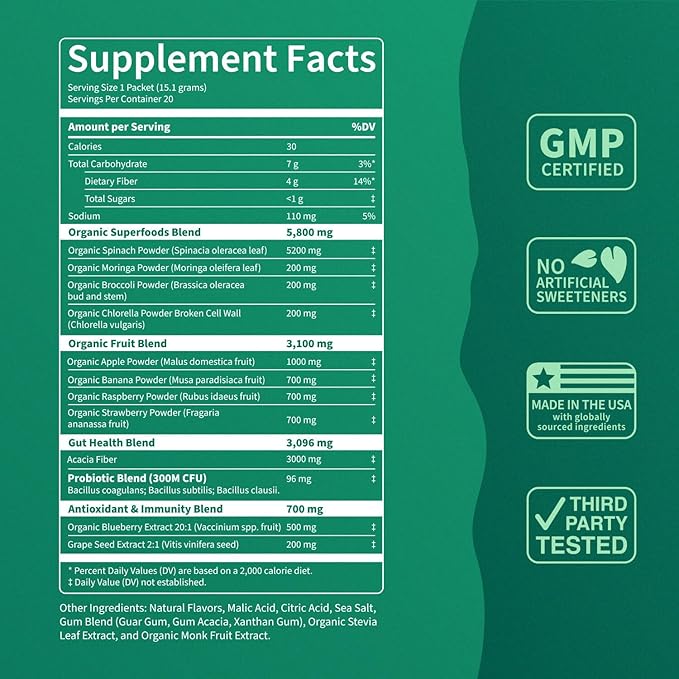 Nello Supergreens Superfood Drink Mix with Chlorella, Moringa, Spinach, Broccoli, Digestive Enzymes, and Probiotics – Apple Pear Flavor, 20 Servings, Travel Pack