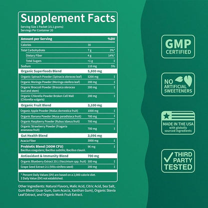 Nello Supergreens Superfood Drink Mix with Chlorella, Moringa, Spinach, Broccoli, Digestive Enzymes, and Probiotics – Apple Pear Flavor, 20 Servings, Travel Pack