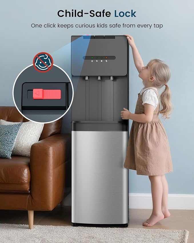 Bottom Loading Water Cooler Dispenser for 5 Gallon Bottles - 3 Temperatures with Hot, Cold & Room Spouts, Water Dispenser with Child Safety Lock for Home, Office, Kitchen