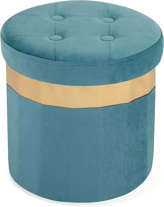 Small Ottoman with Storage,Folding Round Ottoman with Gold Trim,Velvet Storage Stool,Foot Stool with Soft Padded,Foot Rest for Living Room13“x13”x12.4(Blue,1pcs)