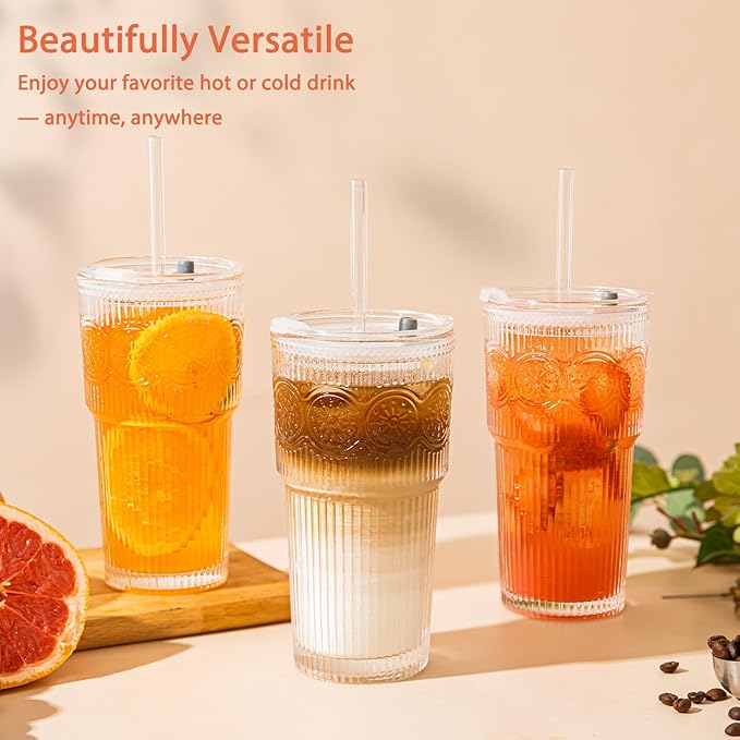 20oz Ribbed & Floral Glass Tumbler Set of 2 – Reusable Glass Cups with Lid and Glass Straw, Iced Coffee Cups for Water, Smoothie, Milk, Cocktail & More – Perfect for Daily Use & Travel