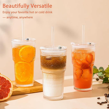 20oz Ribbed & Floral Glass Tumbler Set of 2 – Reusable Glass Cups with Lid and Glass Straw, Iced Coffee Cups for Water, Smoothie, Milk, Cocktail & More – Perfect for Daily Use & Travel