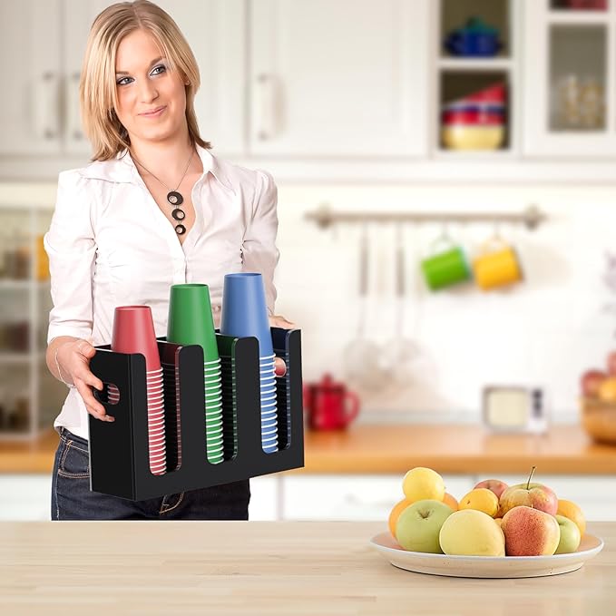 WINFFOR Disposable Cup Organizer Dispenser - 3 Compartments Black Acrylic Cup and Lid Holder with Handles Plastic Cup Dispenser Countertop Paper Cup Holder for Coffee Bar House Party Essentials