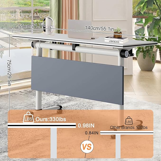 Conference Room Table, 55 Inch Folding Conference Tables with Wheels, Modern Office Meeting Table, Easy Flip & Nest Design, Rectangular Seminar Tables with Metal Frame for 2-24 People(G 8PCS)