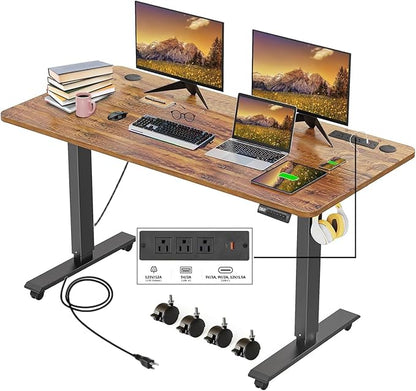 Electric Standing Desk 48 x 24 Inches Adjustable Height Sit Stand Up Desk for Home Office Computer Workstation with 2 USB Ports 3 AC Power Outlets Memory Preset and Wheels, Brown