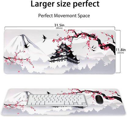 Japanese Cherry Blossom Gaming Mouse Pad 31.5x11.8in Pink Full Desk Japanese Sakura Gaming Mouse Pad Large Non-Slip Rubber Base Waterproof Big Keyboard Mat with Stitched Edges for Game Office