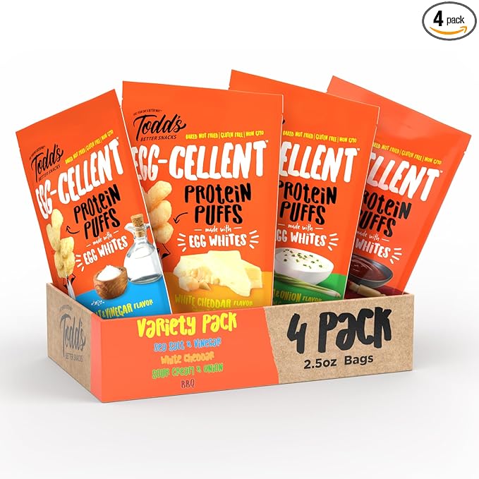 Todd's Better Snacks Egg-Cellent Protein Puffs, Variety Pack – 12g Protein, Gluten-Free, Paleo-Friendly, Baked, GLP-1 Compliant – Healthy Snack, Made with Egg Whites – 2.5 Oz (Pack of 4)