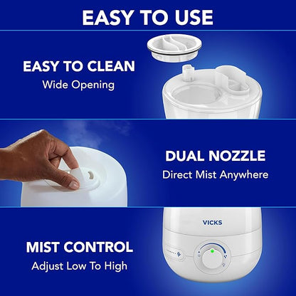 Vicks NaturalCare Cool Mist Ultrasonic Humidifier, Small Room Humidifier for Bedroom, Diffuser with Nighttime Light, Works with Vicks VapoPads, White