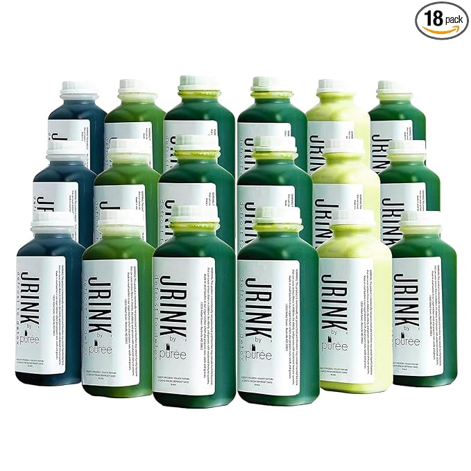 JRINK by Purée Easy Juice Cleanse, Cold Pressed Detox Drink with Organic 3 Day-Healthy Vegetable and Fruit Juice, Frozen Pressed Juice Cleanse, 18 Bottles, 16oz Each