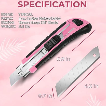 Box Cutter, Box Cutter Retractable Self Loading, Heavy Duty Utility Knife, 18mm-Wide Blade Knife, Box Opener Tool with Rubber Handle, Retractable Paper Exacto Knife, Pink