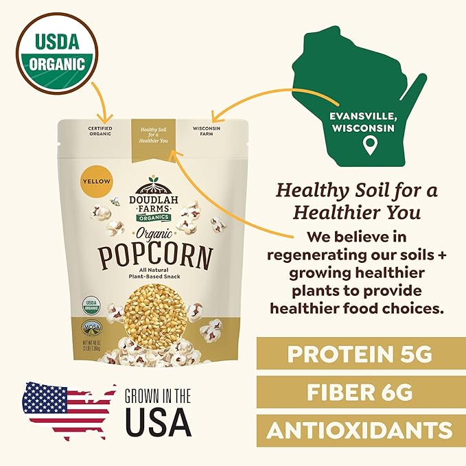 Organic Yellow Popcorn Kernels Unpopped 25 lb Bulk - Healthy, Non-GMO, Gluten-Free, Pesticide-Free, Chemical-Free, Glyphosate-Free, Grown in Regenerative Soil in Wisconsin USA by Doudlah Farms