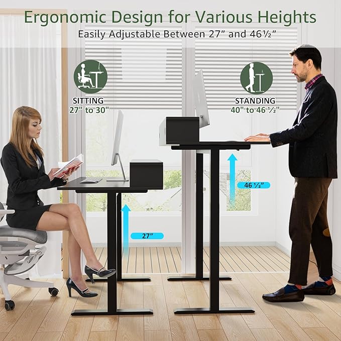 2-Tier Height Adjustable 45" Electric Standing Desk - Upgraded Ultra Durable Home Office Large Rectangular Computer Table or Laptop Sit Stand Workstation - Black