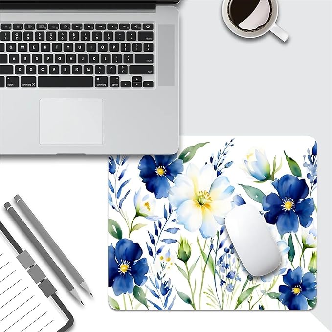 Square Mouse Pad White Blue Flowers 1, Personalized Premium-Textured Custom Mouse Mat Design, Washable Mousepad Cloth, Non-Slip Rubber Base Computer Mouse Pads for Wireless Mouse