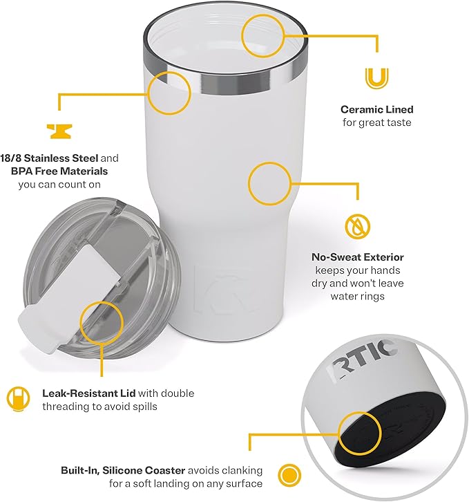 RTIC 20oz Essential Tumbler with Lid, Ceramic Lined, Insulated, Stainless Steel, Metal, Double Wall Vacuum-Insulation, Travel Cup for Iced Coffee, Tea, Hot and Cold Drink, Powder Chaser