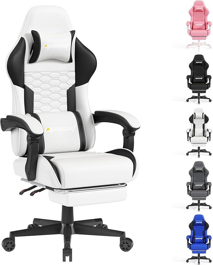 Gaming Chair, Computer Gaming Chairs with Footrest, Linkage Armrests and Lumbar Support, High Back Ergonomic Office Chair for Adults, Big and Tall Desk Chair(White)