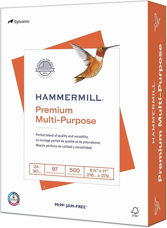 Hammermill Printer Paper, Premium Multipurpose Paper 24 lb, 8.5 x 11 - 1 Ream (500 Sheets) - 97 Bright, Made in the USA, 105810R