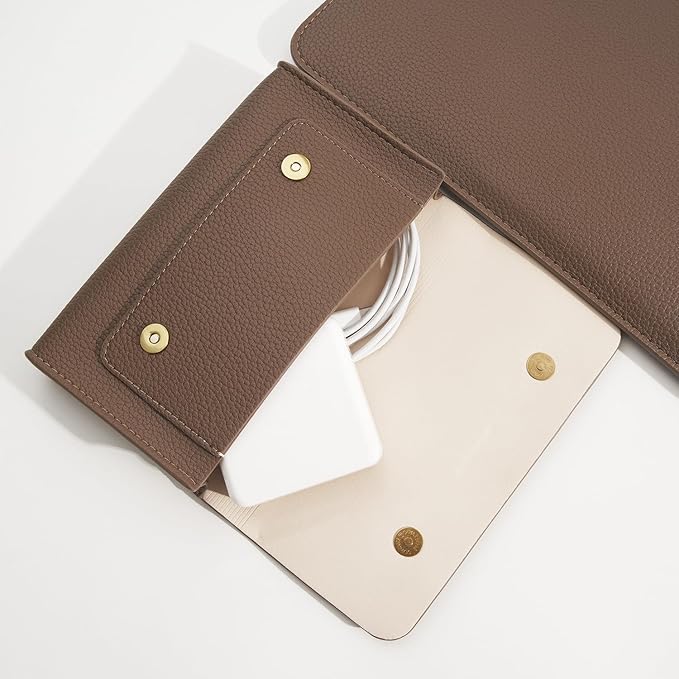 PU Leather Padded Laptop Sleeve 15.3Inch Compatible with MacBook Air 15 A3114 M3 Laptop Bag with Charger Pouch Color Coffee