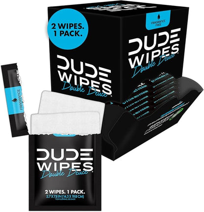 DUDE Wipes - Double Deuce - Two-In-One On-The-Go Flushable Wipes - 2 Pack, 80 Count - Unscented Extra-Large Individually Wrapped with Vitamin E & Aloe - Septic and Sewer Safe