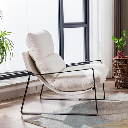 LukeAlon Modern Sherpa Accent Armchair, Upholstered Living Room Chair with Metal Base Thickened Cushion Single Sofa Chair Comfy Lounge Chair for Bedroom Living Room, White